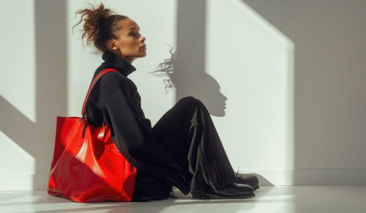 Woman sitting on floor with red bag